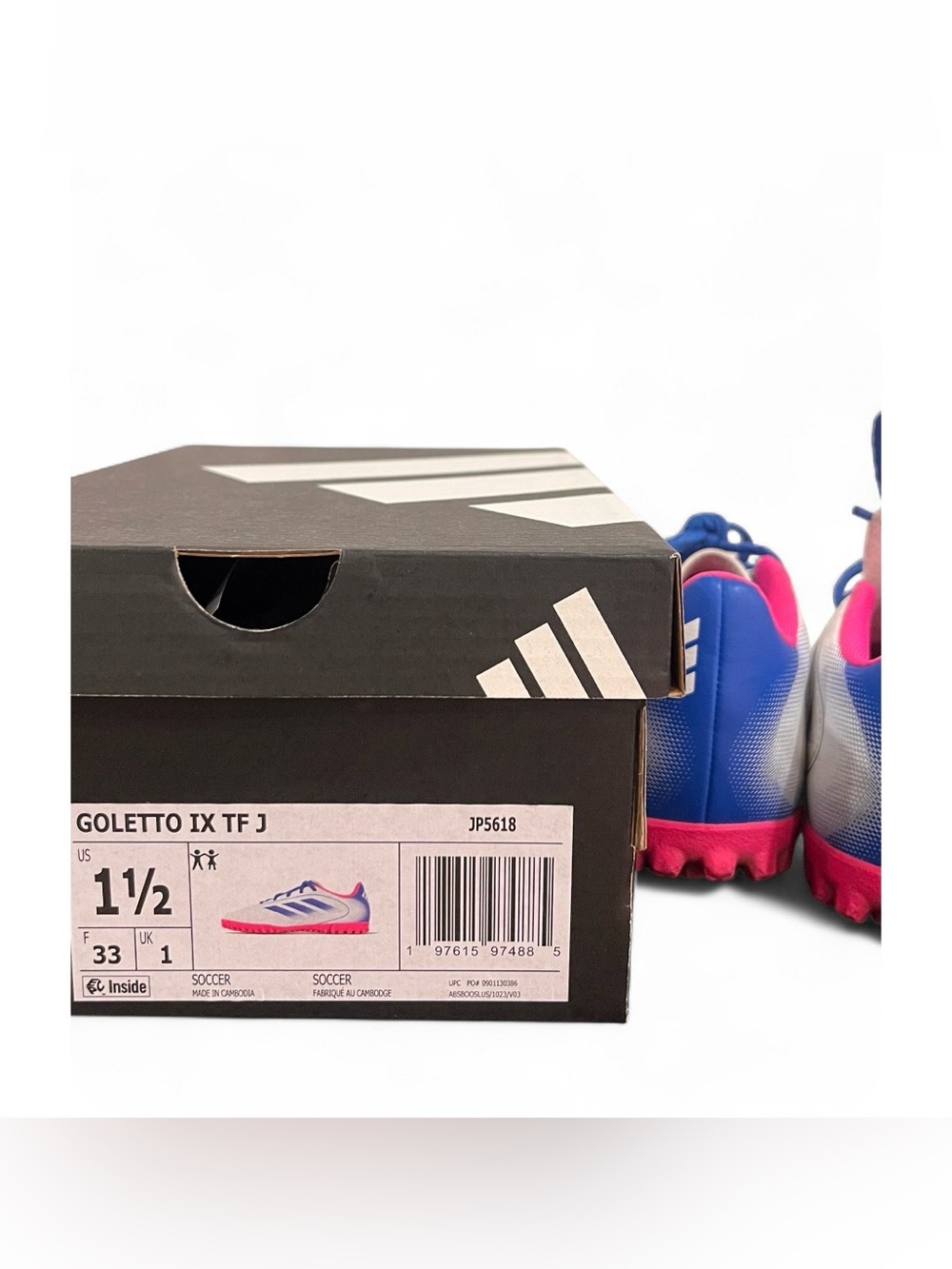 adidas Kids' Goletto IX Turf Soccer Cleats with Blue Stripes and Pink Accents - Picture 4 of 4